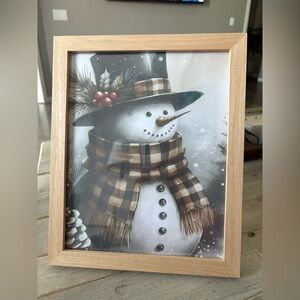 Framed Snowman Art with Plaid Scarf 8x10”